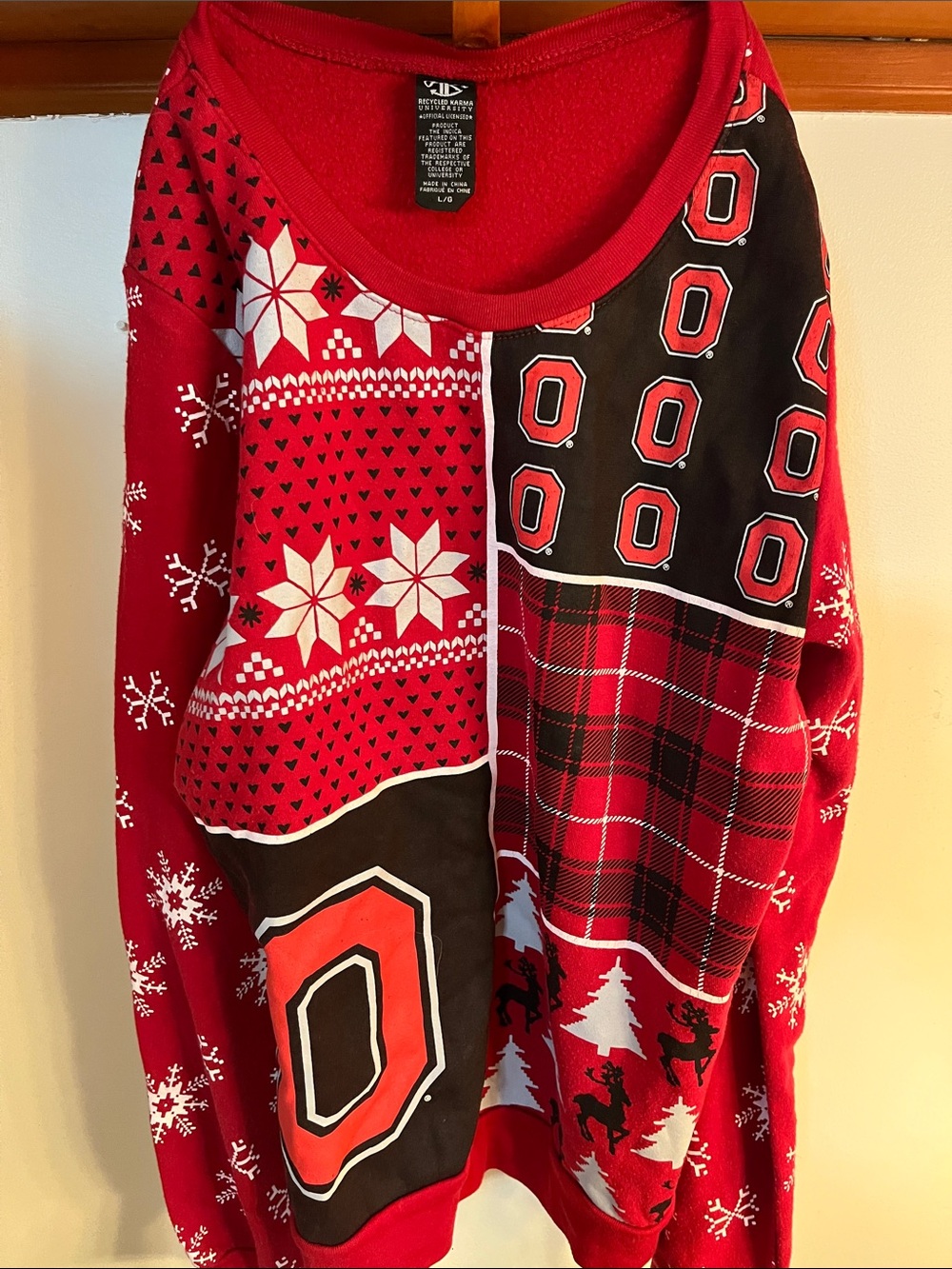 Red Holiday Patchwork Sweater with Snowflake & Plaid Details